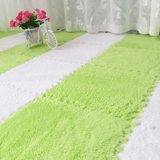 Interlocking Carpet Shaggy Soft EVA Foam Mats Fluffy Area Rugs Protective Floor Tiles Exercise Play Mat for Children Kids Room Home Parlor Bedroom (12 pcs, Green)
