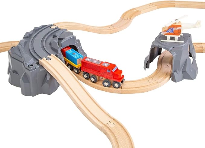 Lift and Load Wooden Train Set with Magnetic Crane, Magnetic Helicopter, Large Diesel Engine, Semi-Truck, Shipping Container Flat Car Compatible with Thomas, Brio, Chuggington, Melissa & Doug