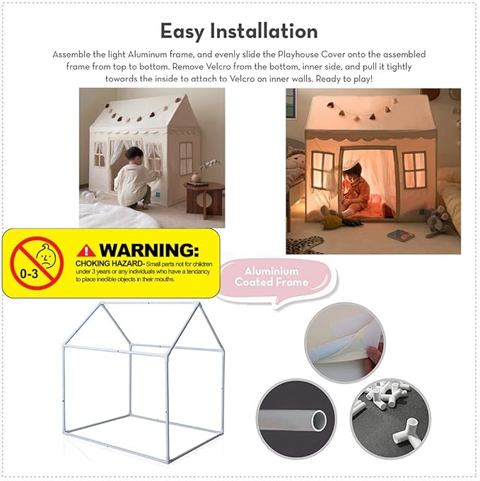 PETITE MAISON Kids Play House Tent with 100% Cotton Fabric & 5 Windows - Hand Made Premium Quality Play Tent for Indoor & Outdoor - Light and Easy to Assembly - Best Birthday Gift - Vely Beige