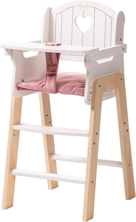ROBOTIME Wooden Baby Doll High Chair, Pink Wooden Baby Doll Chair for 18 Inch Dolls, Pretend Play High Chair Baby Doll Accessories, Small