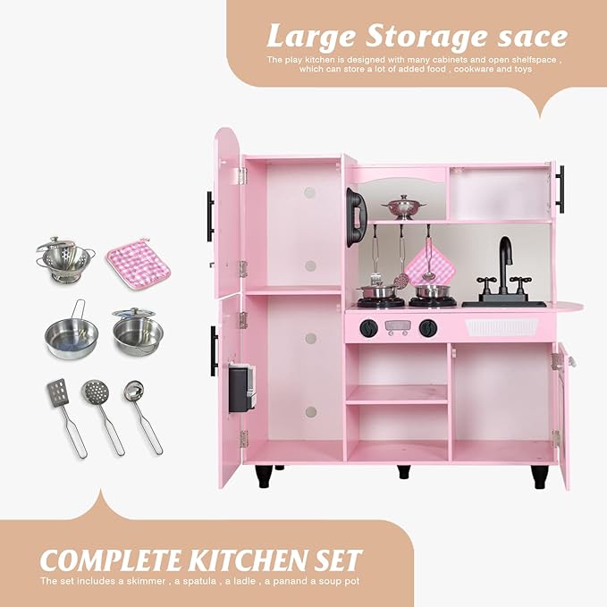 TaoHFE Kitchen Set for Kids Wooden Play Kitchen Toy Sets for Girls Gift Pink Kitchen for Toddlers Kitchen Playset Toys for Kids Age 3+ Pretend Play with Lights & Sounds (Pink)