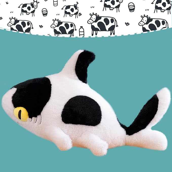 ELAINREN Furry Cow Shark Plush Pillow Soft Stuffed Animal Toy Creative Dairy Shark Whale Plushie Ocean Doll Gift/27.6''