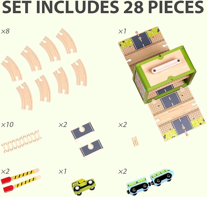 Wooden Train Track Set, Wooden Railway Set Toy with Magnetic Train for Toddlers, Train Set with Blocks Storage Box for Kids Boys and Girls Ages 3+