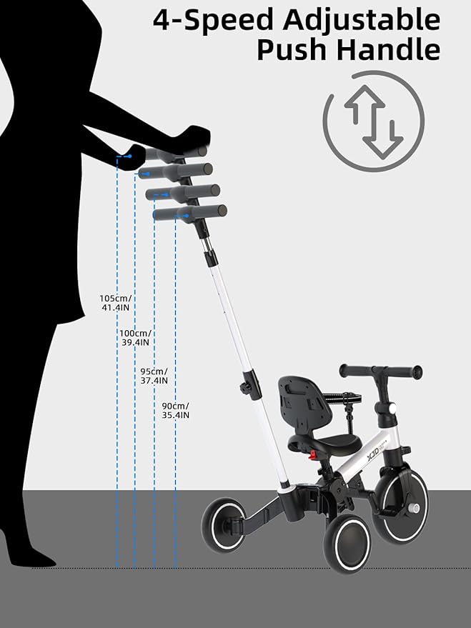 XJD Toddler Bike, 6 in 1 Folding Toddler Tricycle for 1-4 Year Old with Push Handle, Balance Bike with Removable Pedal,Backrest, Adjustable Seat Height and Handle, First Birthday Gifts (White)
