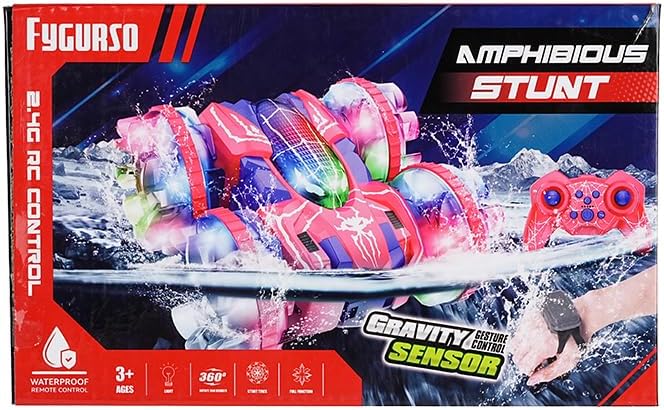 4WD Waterproof RC Car, 2.4 GHz Amphibious Remote Control Car Remote Control Boat for Kids, 360°Rotation RC Truck Stunt Cars with LED Lights, Boys Girls Gifts All Terrain Water Beach Pool Toy