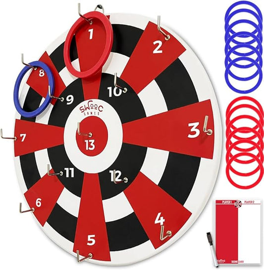 SWOOC Games ‒ Hook Darts Ring Toss Game ‒ Wood Board & Soft Rings ‒ 20+ Games Included for Kids & Adults ‒ Wall Mounted Ring and Hook ‒ Indoor & Outdoor Wall Decor for Game Room, Patio, Garage, Yard