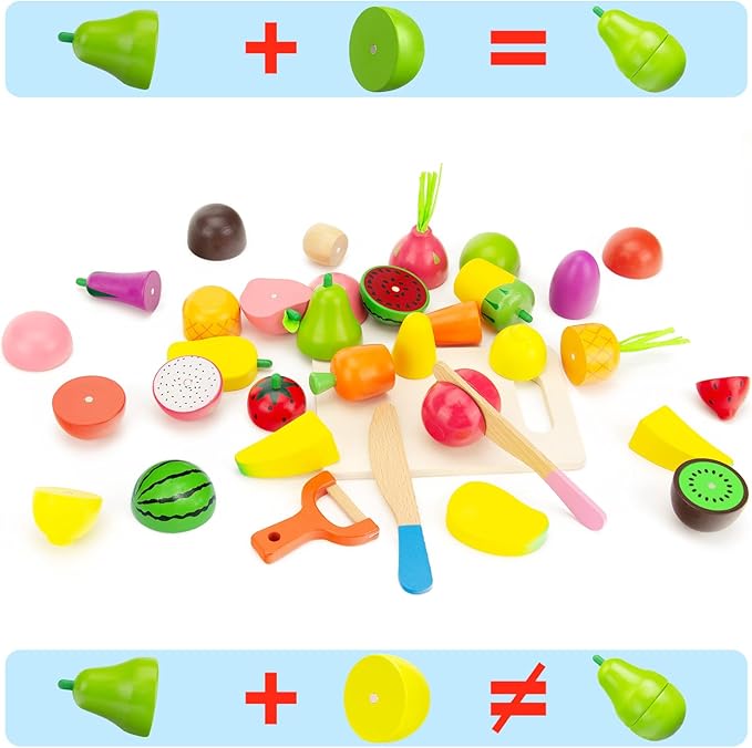 Wooden Play Food Sets for Kids Kitchen Fake Food Cutting Fruit and Vegetables Pretend Play Toddler Toys Food Montessori Toys for 3 4 5 6 7 Years Old Gifts for Boys and Girls