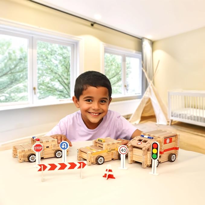 Jovi-mindly&Notchies Wooden Blocks Train Set 101 PCS Create 40+ Shapes,Toys Educational Wooden Building Blocks Puzzles for Kids Ages 5-8 Boys and Girls,Truck/Excavator,FSC Certified,Graduate Gifts