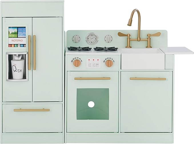 Teamson Kids Little Chef Charlotte Kids Play Kitchen, Wooden Kitchen Playset for Toddlers with Accessories, Pretend Ice Maker, Modular Design, & Storage Space, Mint/Gold, Gift for Ages 3+