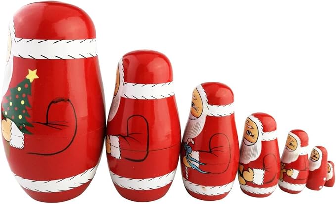 Winterworm Cute Creative Santa Claus's Bringing Kinds of Gifts to You Pattern Handmade Wooden Matryoshka Dolls Russian Nesting Dolls Set 7 Pieces for Kids Toy Birthday Home Decoration