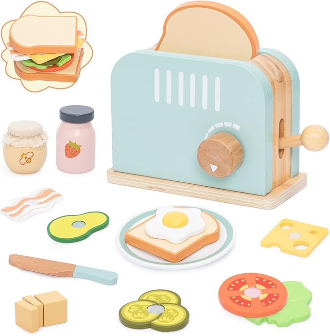 Wooden Pop up Toaster Play Kitchen Set, 17PCS Play Food Accessories for Toddlers Early Learning,Pretend Play Breakfast Playset, Toys Gift for Toddlers Girls & Boys