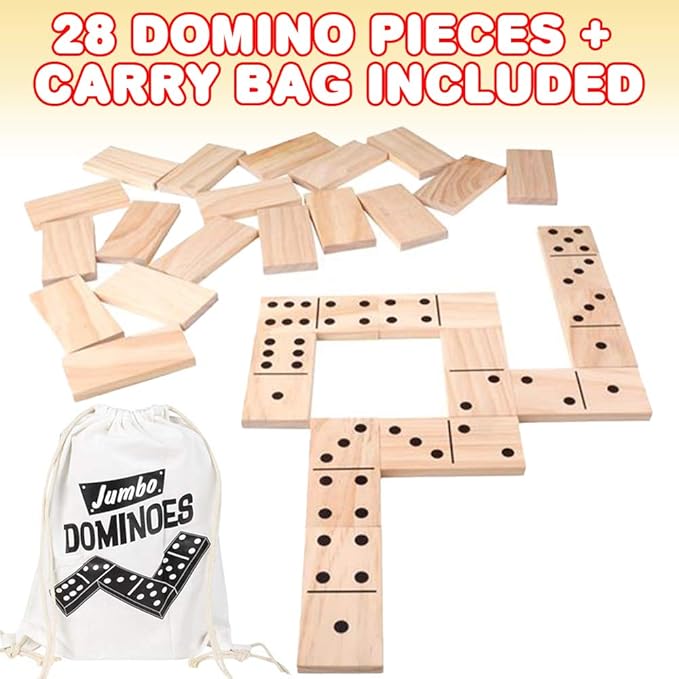 ArtCreativity 28PC Jumbo Wooden Dominoes Set with Carrying Bag, Extra-Large Wood Dominos for Kids & Adults, Giant Dominoes for Game Night, Fun Classroom Educational Toy for Children