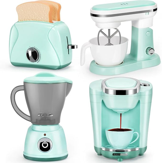 Play Kitchen Appliances Toy Set with Coffee Maker Machine, Mixer, Toaster, Blender, Kids Kitchen Playset, Play Kitchen Accessories with Sound & Light, Birthday Gifts for Kid Girls Ages 3-5 4-8