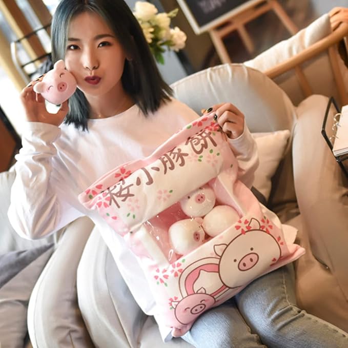 ARELUX Cute Pig Plush Pudding Pillow:Snack Pillow Toys Bag Removable Stuffed Animal 8Pcs Sets Creative Plush,Soft Sakura Pig Plushie Throw Pillow,Dolls Friends Family Member