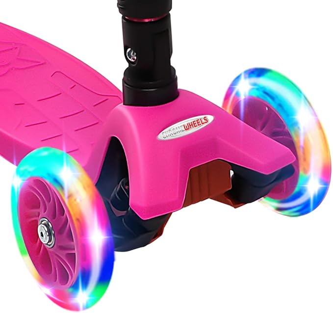 ChromeWheels Scooters for Kids, Deluxe Kick Scooter Foldable 4 Adjustable Height 132lbs Weight Limit 3 Wheel, Lean to Steer LED Light Up Wheels, Best Gifts for Girls Boys Age 3-12 Year Old