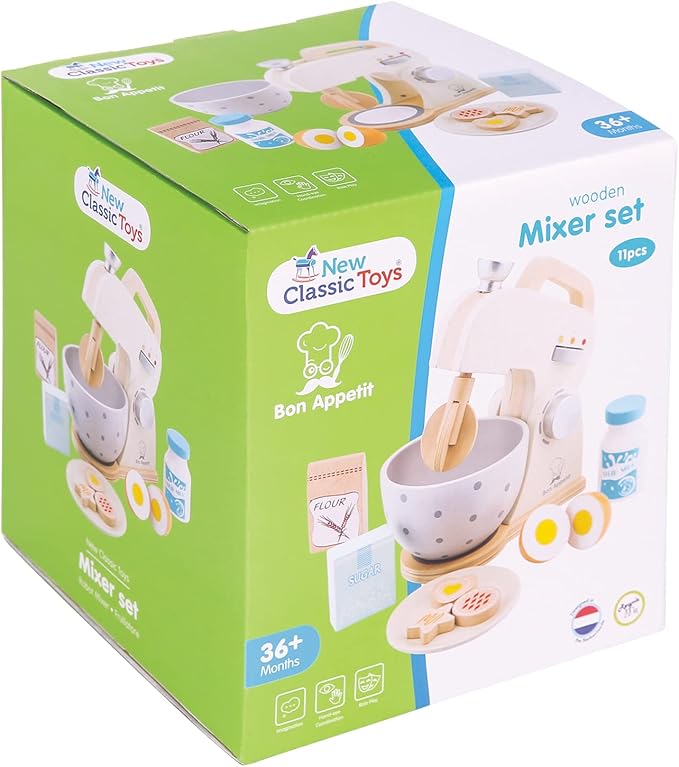 New Classic Toys Wooden Mixer Set Pretend Play Toy for Kids Cooking Simulation Educational Toys and Color Perception Toy for Preschool Age Toddlers Boys Girls , Red,White