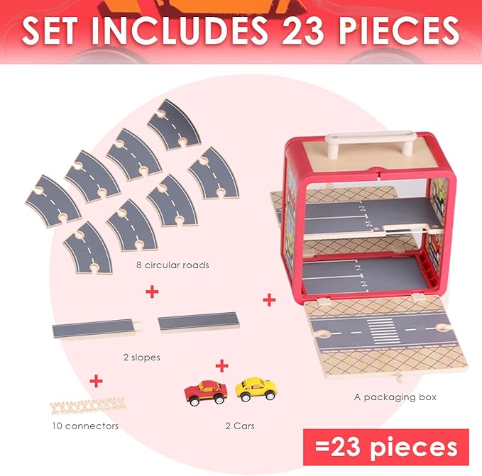 Wooden Toy Car Set for Toddlers, Car Track and Parking Garage Playset, Toy Vehivle Set with Blocks Storage Box for Kids Boys and Girls