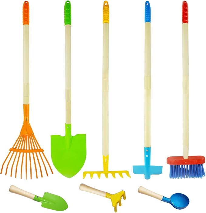8PCS Kids Gardening Tools, Kids Rake and Shovel Set, Toddler Outdoor Yard Tools, Garden Toys Gifts for Boys Girls Age 3 4 5 6 7 8 Years Old