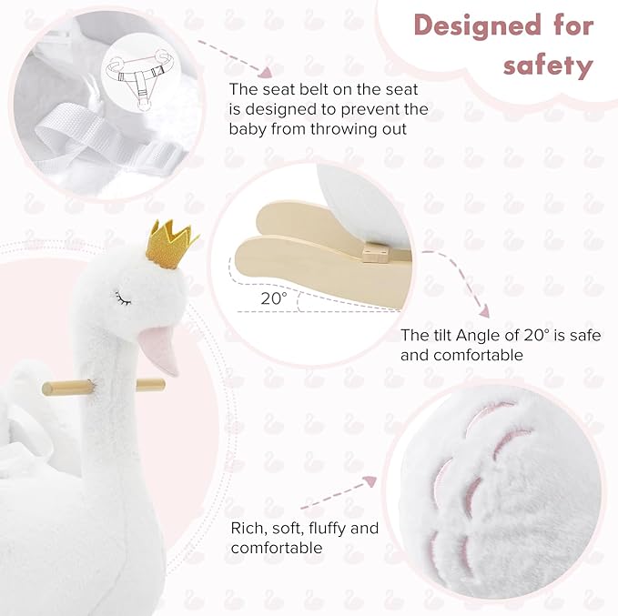 labebe Kids Rocking Horse White Swan with Little Plush Doll Toys, Stuffed Animal Wooden Rocker for Children 6 Months Boys and Girls/Nursery Christmas, Birthday Gift (Rocking Swan)