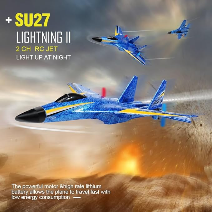 Su-27 RC Airplane,2.4GHz 2 Channel Remote Control Plane with Gyro Night Lights and 2 Batteries, Easy to Fly for Adults, Beginners and Kids Toy