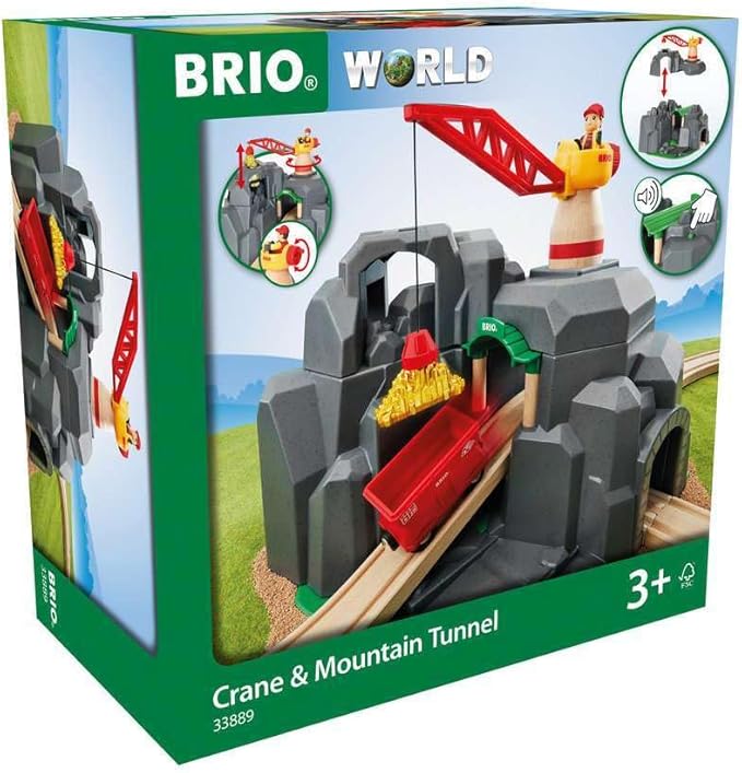 BRIO World - 33889 Crane & Mountain Tunnel | 7 Piece Toy Train Accessory for Kids | Interactive Play | FSC Certified Wood | Perfect for Ages 3 and Up