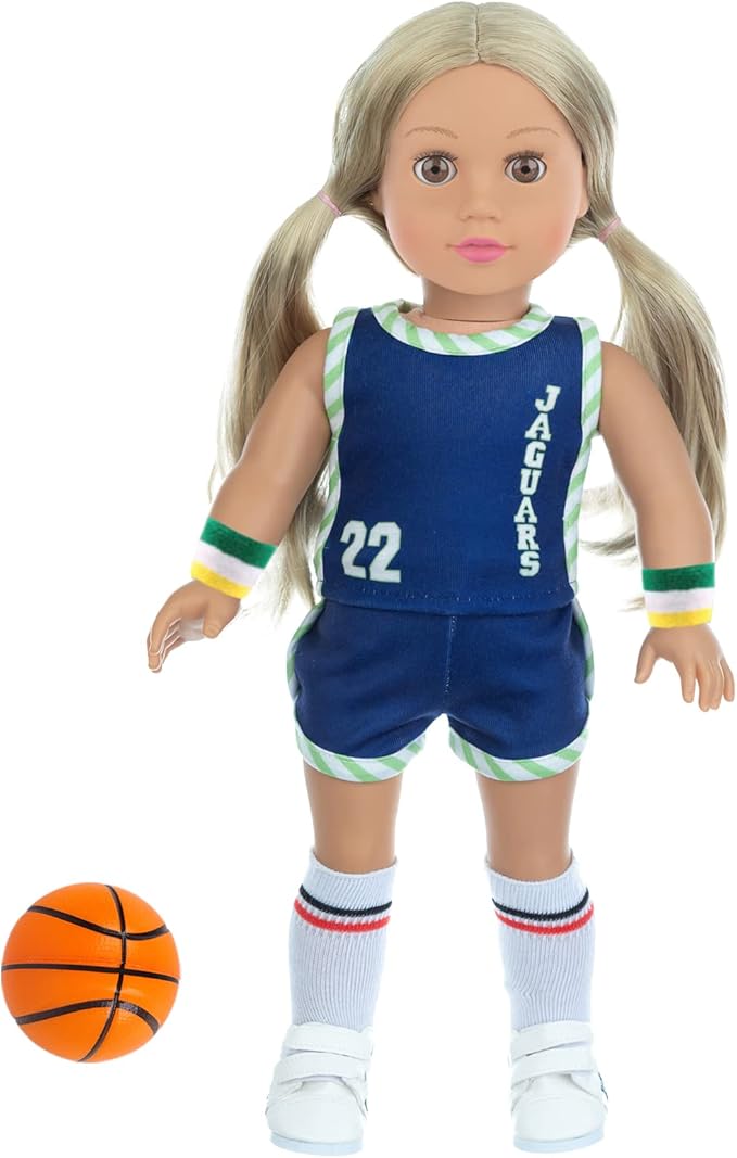 18 Inch Doll Clothes and Accessories - Basketball Clothes Sports Set Designed for 18 Inch Girl Doll Include Doll Clothes, Hair Bands, Bracers, Shoes, Socks and Basketball