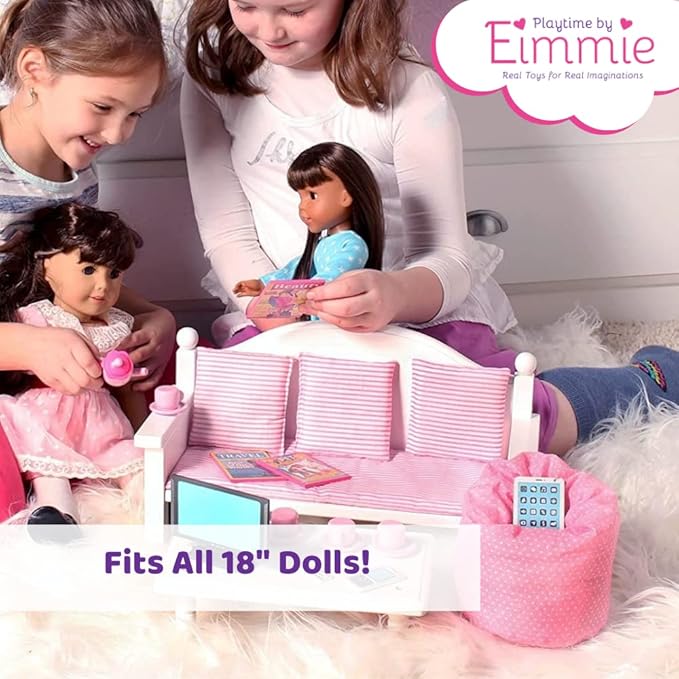 Playtime by Eimmie 18 Inch Doll Furniture Couch & Coffee Table Set – White, Wooden Playset with Living Room Accessories, Fits American, Generation, My Life & Similar 14”-18” Dolls