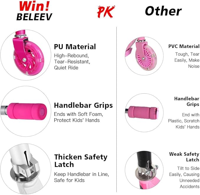 BELEEV V1 Scooters for Kids, 2 Wheel Folding Kick Scooter for Girls Boys, 3 Adjustable Height, Light Up Wheels, Lightweight Scooter with Sturdy Frame, Kickstand for Children 3 to 12 Years Old