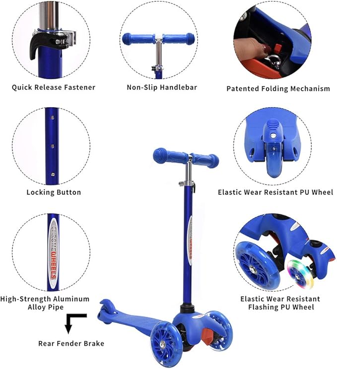 ChromeWheels Scooter for Kids, Deluxe 3 Wheel Scooter for Toddlers 4 Adjustable Height Glider with Kick Scooters, Lean to Steer with LED Flashing Light for Ages 3-6 Girls Boys