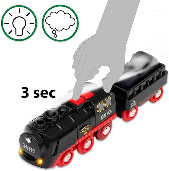 BRIO World Battery-Operated Steaming Train - 3-Piece Motorized Train Engine for Wooden Track with Lights and Kid-Friendly Steam - Interactive Play with Forward/Reverse - for Kids 3 & Up