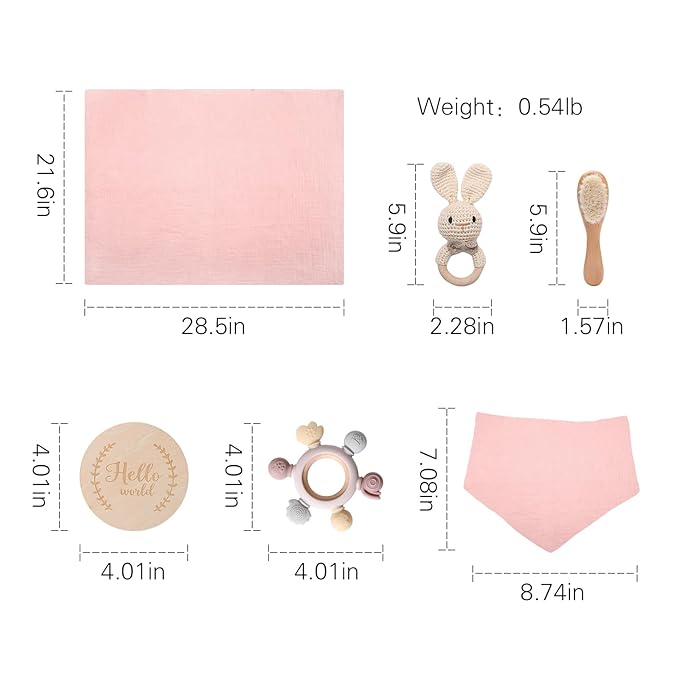 Baby Gift Set for Newborn, New Baby Bath Gift Set 6 Pcs, Baby Essentials Shower Set with Bath Towel, Teether, Rattle Toy, Drool Towel, Brush, Wooden Milestone for Girls Boy