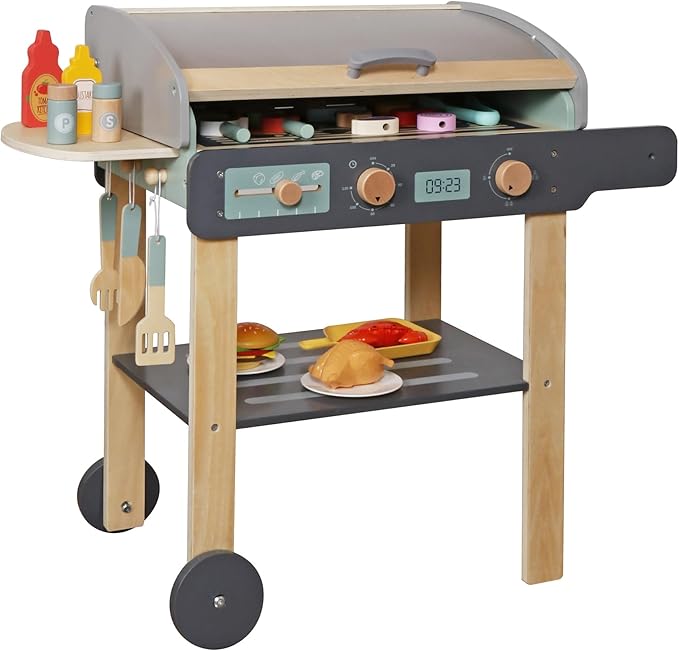 Wooden Play Barbecue Toy Grill, Kids BBQ Playset with Toy Food and Grilling Tools, Cooking Interactive Toys Christmas Birthday Gift for Toddlers Girls Boys 3-6