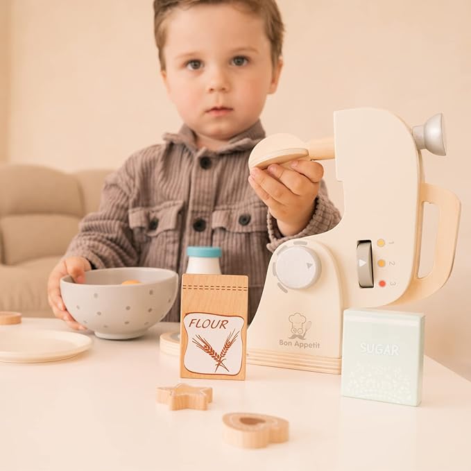 New Classic Toys Wooden Mixer Set Pretend Play Toy for Kids Cooking Simulation Educational Toys and Color Perception Toy for Preschool Age Toddlers Boys Girls , Red,White