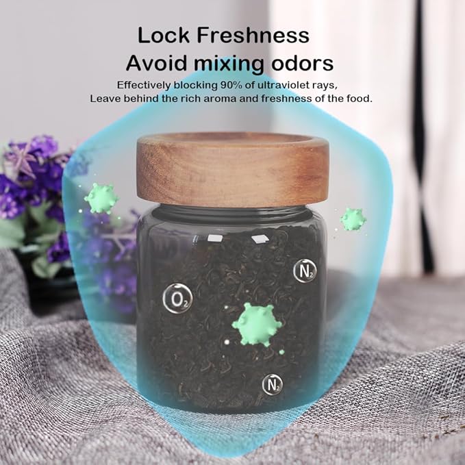 SAIOOL 3 Packs grey Glass Food Storage Jars with Screw Airtight Seal Acacia Wood Lids,Spice Jars with Lids, Organization for Jars Bottles Containers Travel Gear, Sugar, Salt,Coffee, cookies,spices