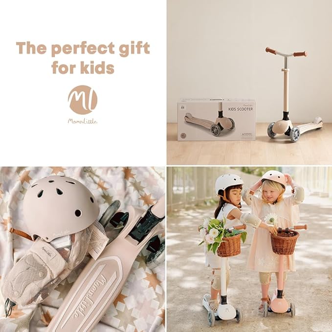 MomnLittle Kick Scooter for Kids Ages 3-10 (Beige/Pink/Navy/White) 3 Wheeled with LED Light-Up Wheels CPSC Certified Foldable and 4 Height Adjustable Toddler Scooters for Boys Girls