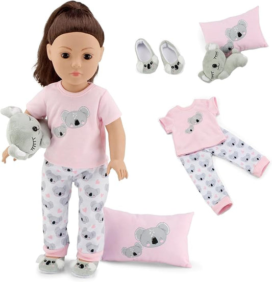 Emily Rose 18-Inch Doll Clothes 5-PC PJ Pajamas Sleepover Outfit & Accessories Set | 18" Doll Pajama Sleep Outfit with Slippers - Includes Pet Koala Toy and Pillow - Ideal Gift Set for Little Girls