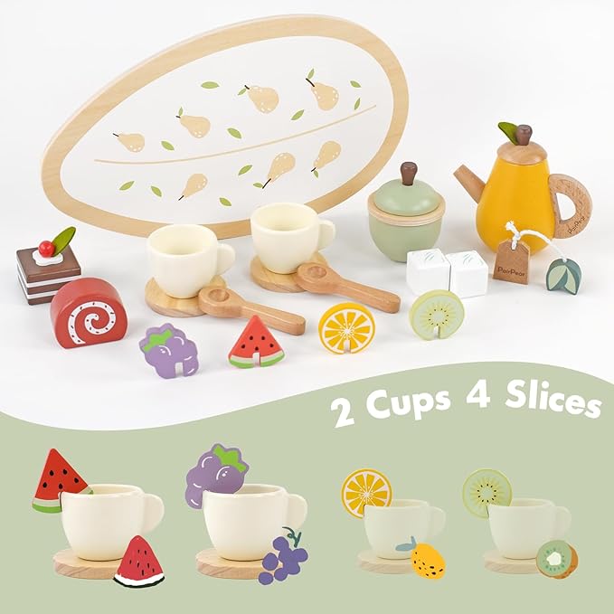 PairPear Wooden Toys Tea Party Set, Toddler Tea Set for Little Girls, Kids Pretend Play Kitchen Accessories, Wooden Play Food Toys Gift for Girls Boys 3 Y+