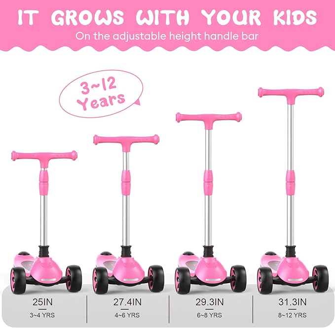 Kids Kick Scooter,Adjustable Height Handlebars and Removable Seat Scooters for Kids,3 Lighted Wheels Anti-Slip Deck Toddler Scooter for Boys & Girls Aged 3-12 up to 132 Lbs.