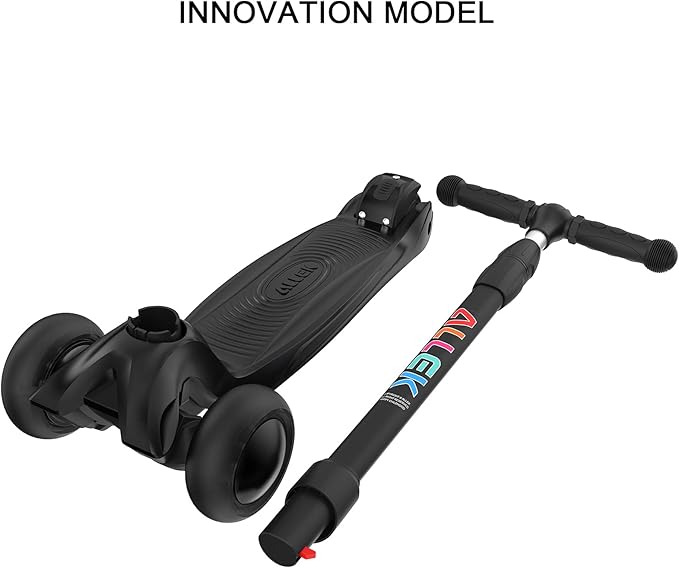 Allek Kick Scooter B03, Lean 'N Glide 3-Wheeled Push Scooter with Extra Wide PU Light-Up Wheels, Any Height Adjustable Handlebar and Strong Thick Deck for Children from 3-12yrs (Black)
