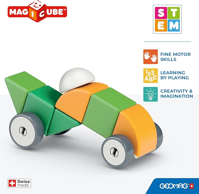 Geomag Swiss-Made MagiCube 13-Piece Magnetic Shapes & Wheels Building Set, Cars & Characters, Stacking Blocks for Toddlers & Kids Ages 1-5, STEM Educational Toy, Creativity, Imagination, Learning