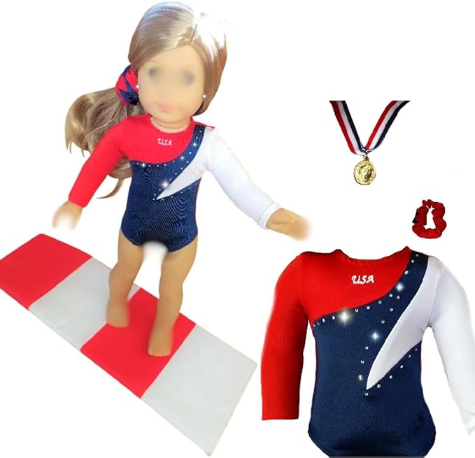 2024 American Doll Girl USA Gymnastics Doll Clothes Set with Leotard, Mat, Olympic Medal and Hair Accessory. 4 PCS in All! Doll Not Included