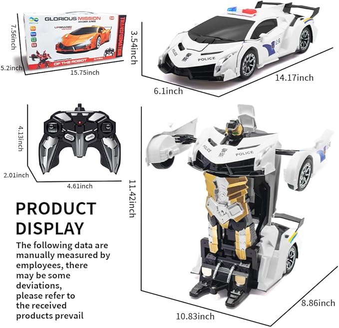 Transform Remote Control Car, 1:12 Scale Police Car Toy, One Button Deformation & Gesture Sensing Robot Car, Transforming Toys with Light Music 360° Drift, RC Cars for Boys Age 8-12