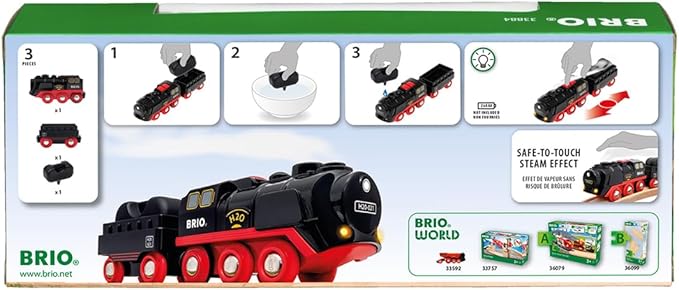 BRIO World Battery-Operated Steaming Train - 3-Piece Motorized Train Engine for Wooden Track with Lights and Kid-Friendly Steam - Interactive Play with Forward/Reverse - for Kids 3 & Up