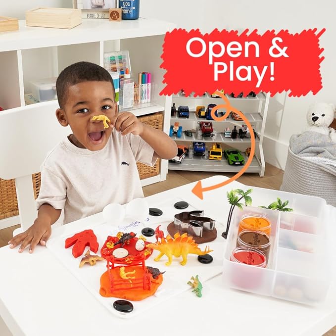 Dinosaur Sensory Dough Kit (3 Jars) Non-Toxic Dough with Dinosaur Cutters, Fossils, Mini Figures, Eggs, Palm Trees, Rocks & Wooden Stumps - Perfect Creative Play & Gifts for Kids