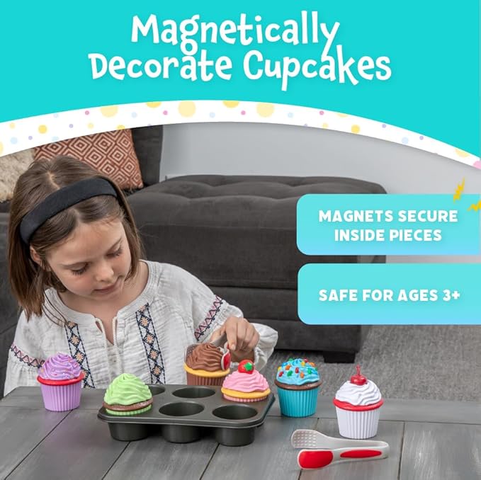 Magnetic Bake & Play Cupcake Toy Set, Bakery Pretend Play for Toddlers, 20 Pieces