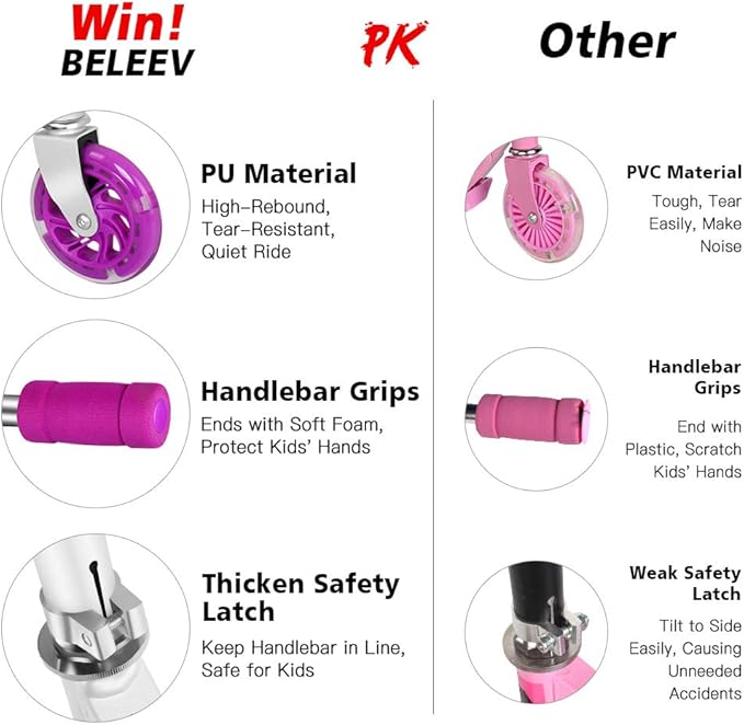 BELEEV V1 Scooters for Kids, 2 Wheel Folding Kick Scooter for Girls Boys, 3 Adjustable Height, Light Up Wheels, Lightweight Scooter with Sturdy Frame, Kickstand for Children 3 to 12 Years Old