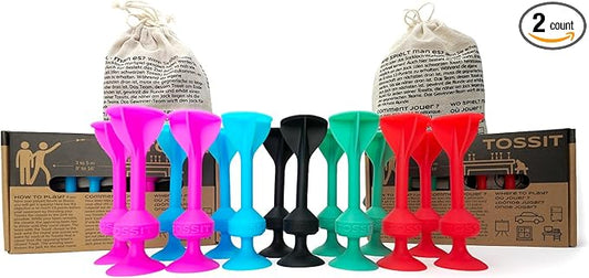 TOSSIT Game Suction Cup Darts, Toss Game Perfect Family and Party, Silicone Throwing Game for Backyard, Indoor and Outdoor Fun, Twin Pack, Red Cyan Pink Blue