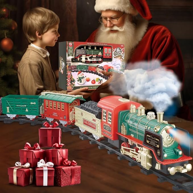 JUQU Christmas Train Set - Electric Train Toys w/Smokes&Lights&Xmas Sounds, Toddler Train Sets for Kids w/Rechargeable Battery & Locomotive Engine, 4 Cars & 21 Tracks for Age 3 4 5 6 7 8+ Boys Girls