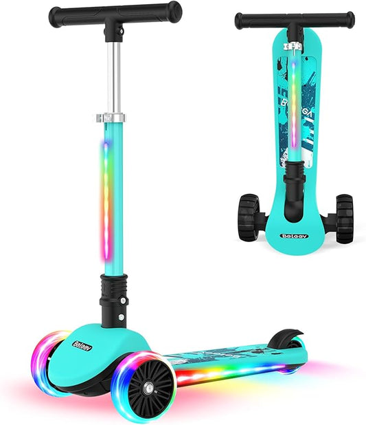 BELEEV A9 Kids Scooter with LED Light-Up Wheels & Deck, 3 Wheel Folding Scooter for Toddlers Girls Boys Ages 3-12, Adjustable Handlebar, Lean to Steer, Extra-Wide Wheels, Kick Scooter for Children
