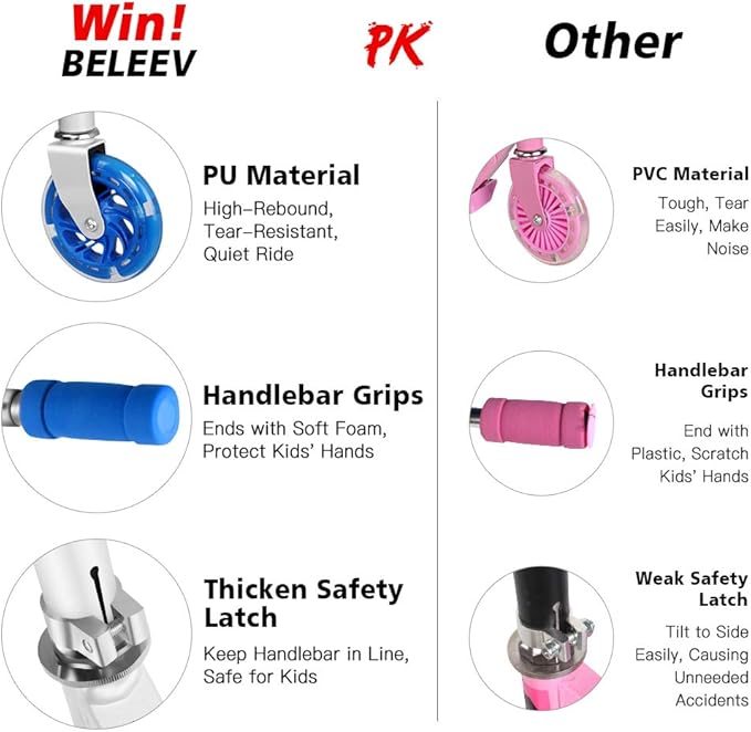 BELEEV V1 Scooters for Kids, 2 Wheel Folding Kick Scooter for Girls Boys, 3 Adjustable Height, Light Up Wheels, Lightweight Scooter with Sturdy Frame, Kickstand for Children 3 to 12 Years Old